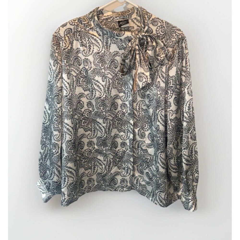 VTG Koret Womens Black Pattern Satin Button Up Top Plus 22W Retro Feminine Fairy